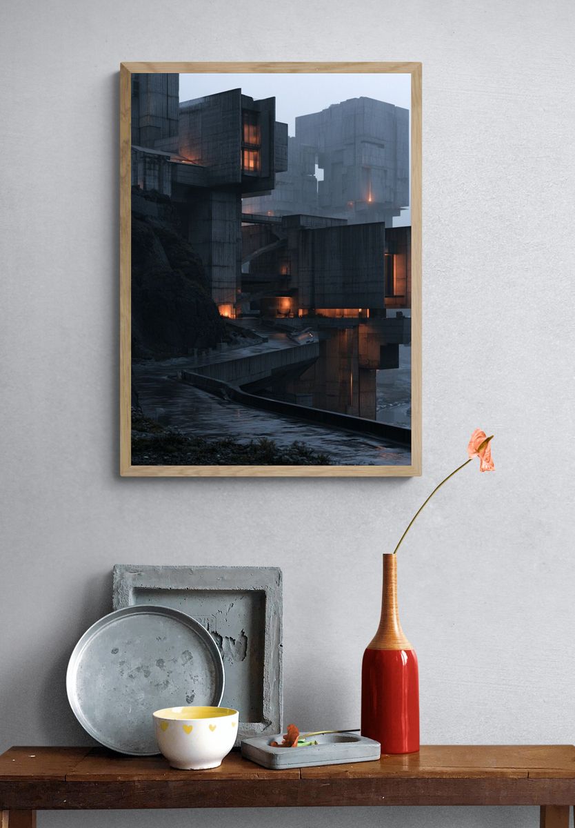 Foggy Brutalist Cliffside Architecture Poster. — room view 3