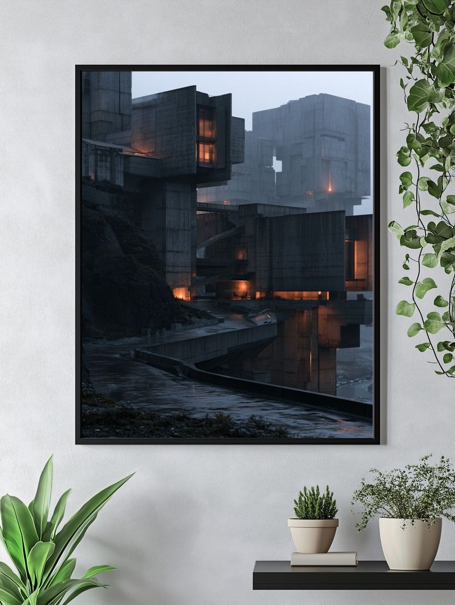 Foggy Brutalist Cliffside Architecture Poster. — room view 4