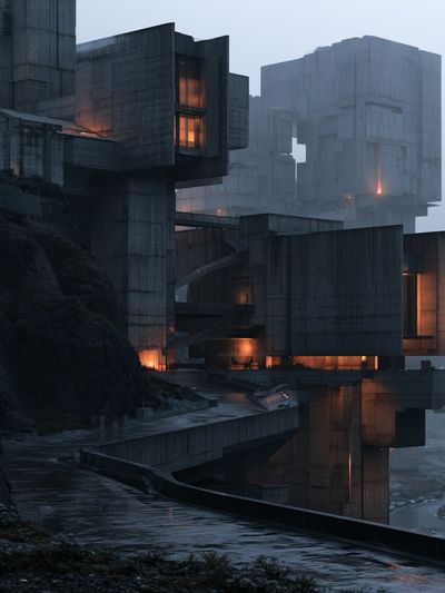 Foggy Brutalist Cliffside Architecture Poster. poster