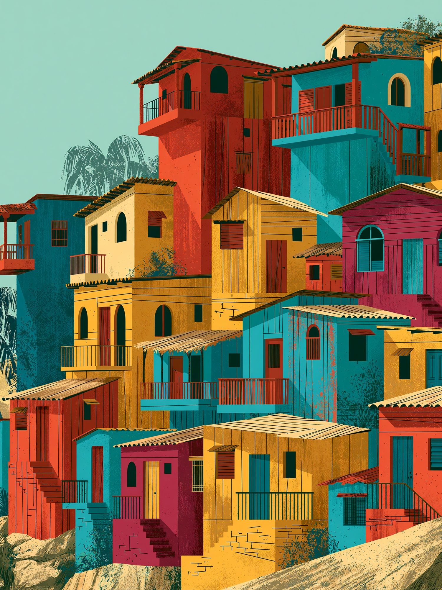 Colorful Hillside Village Architecture Poster. poster detail