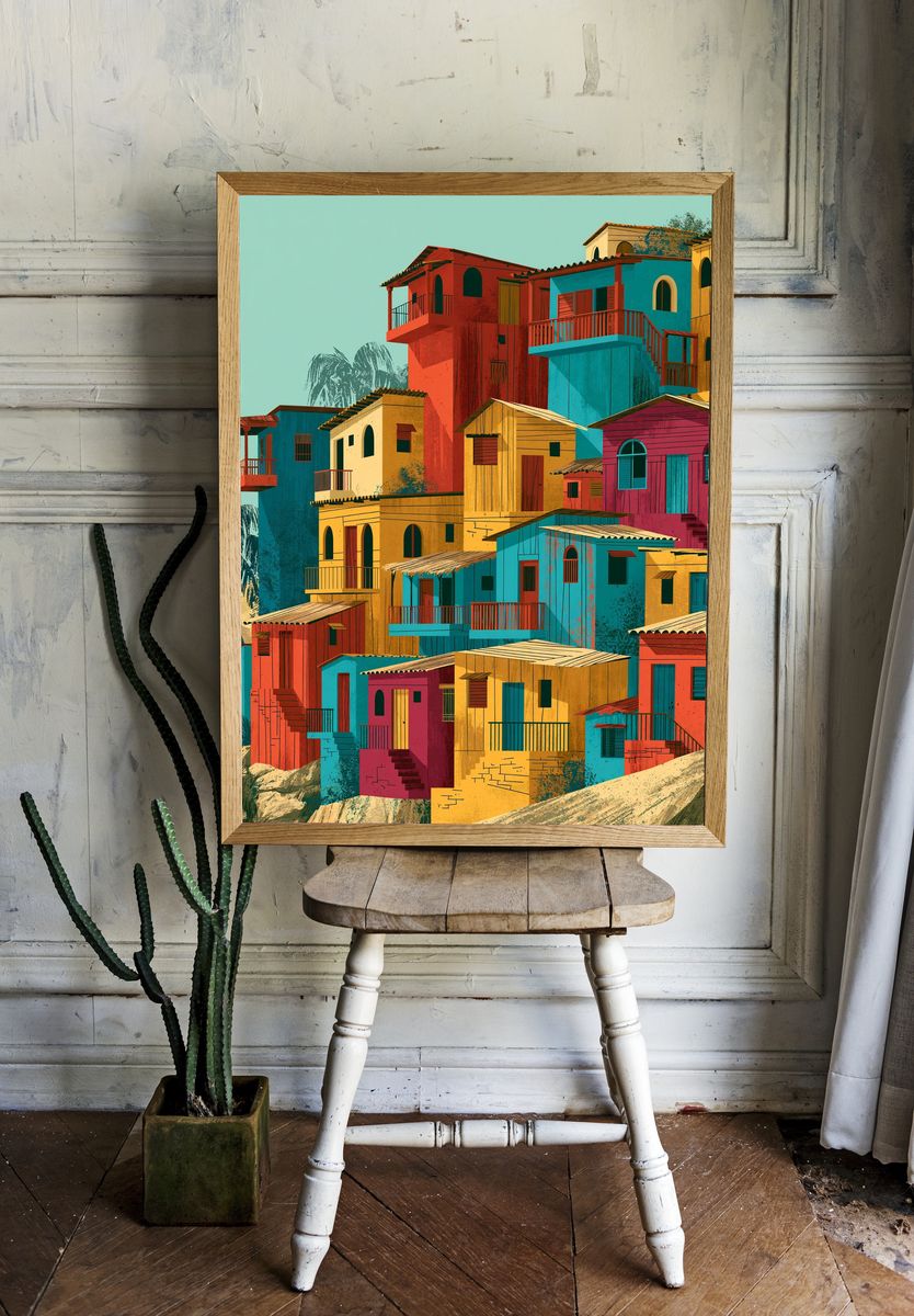 Colorful Hillside Village Architecture Poster. — room view 1