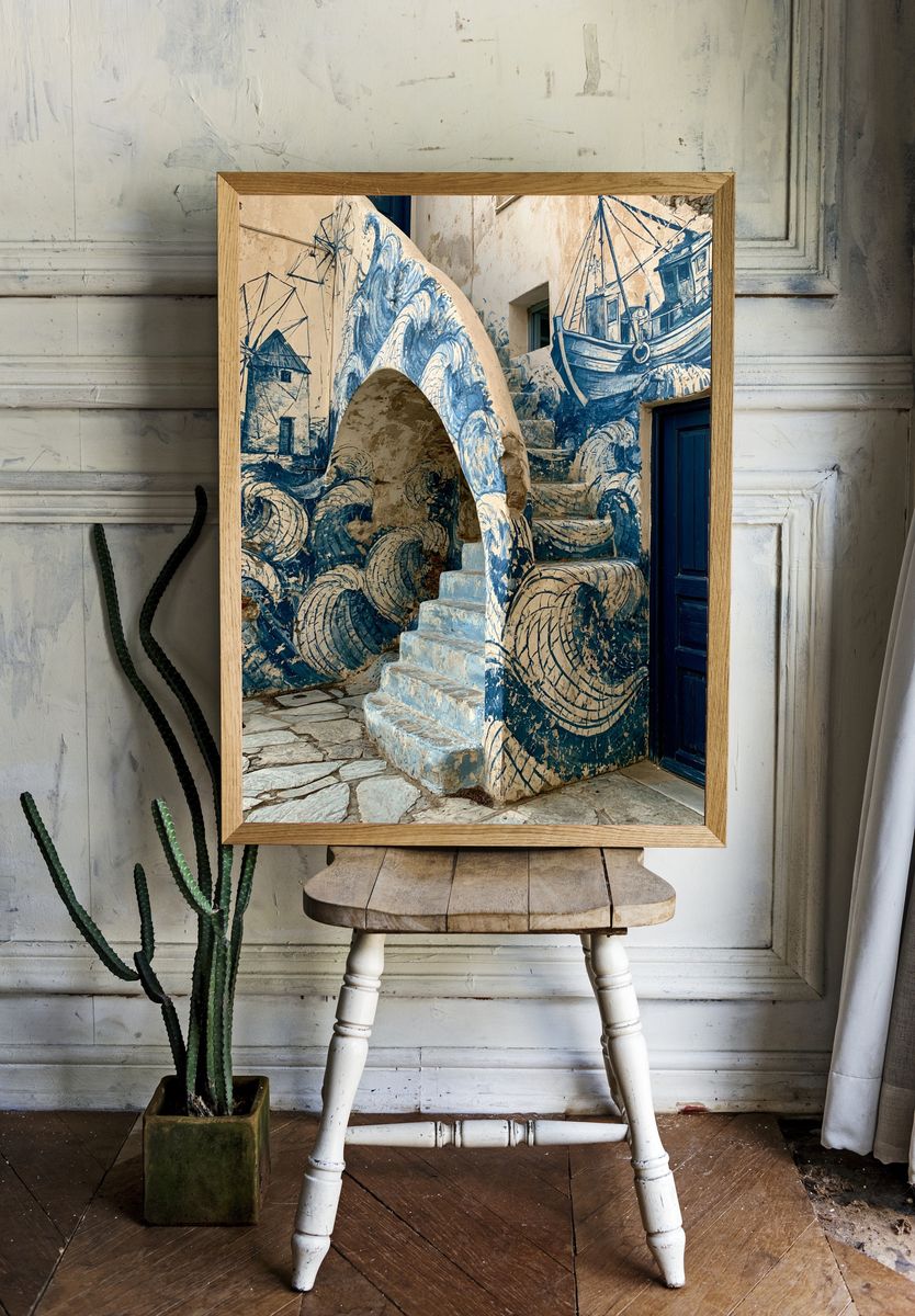 Blue Coastal Mural Architecture Poster. room preview