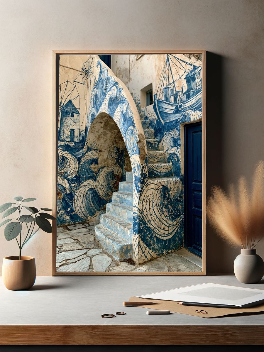 Blue Coastal Mural Architecture Poster. — room view 2