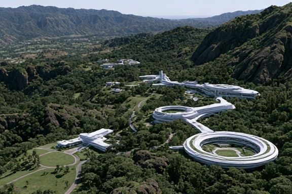 Futuristic Mountain Resort Photography Poster. poster detail