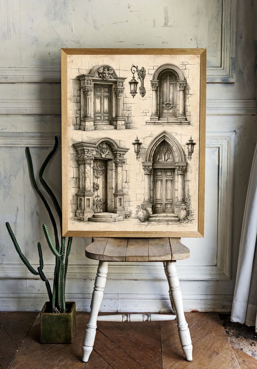 Ornate Gothic Doorways Illustration Poster. — room view 1