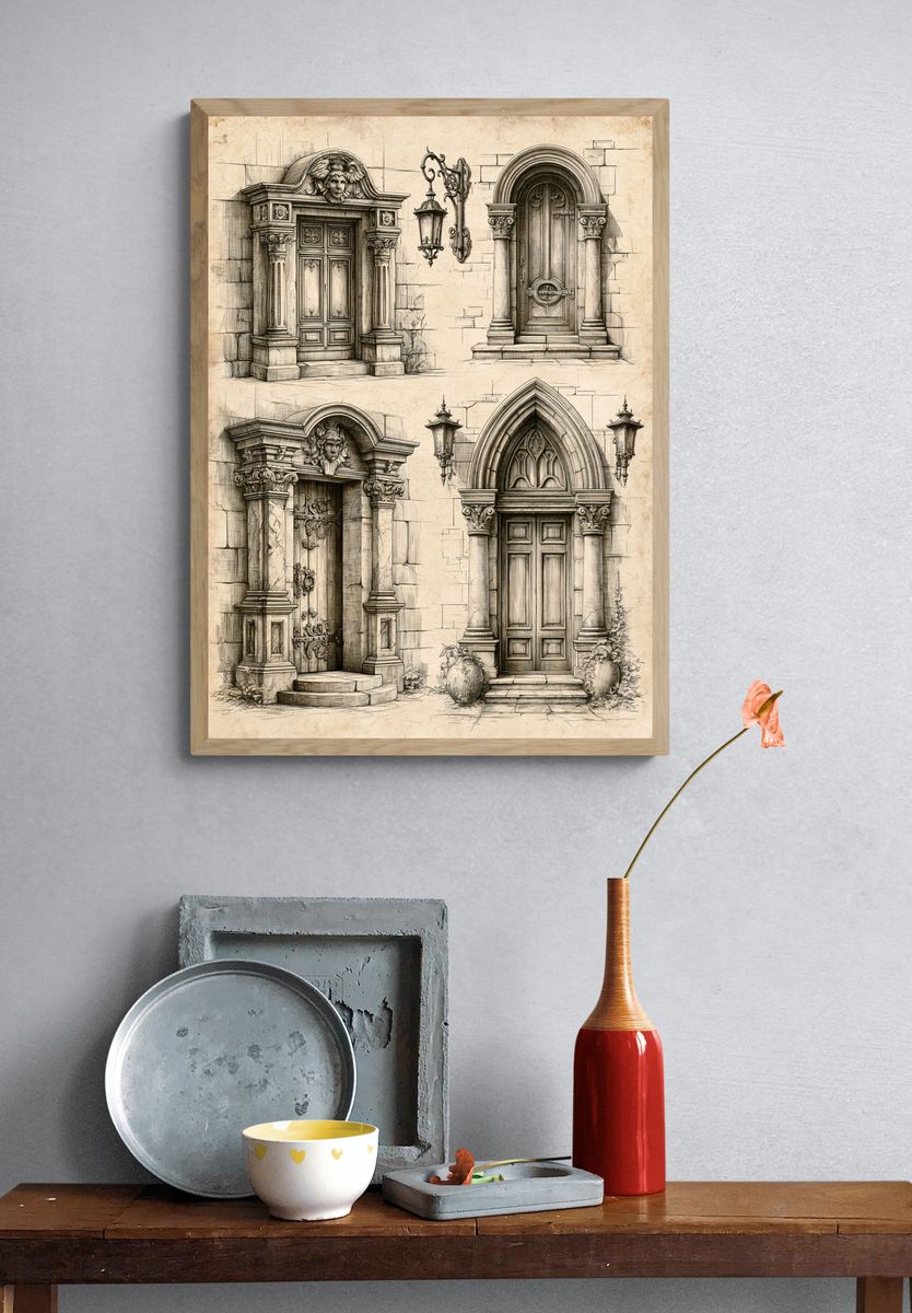 Ornate Gothic Doorways Illustration Poster. — room view 3