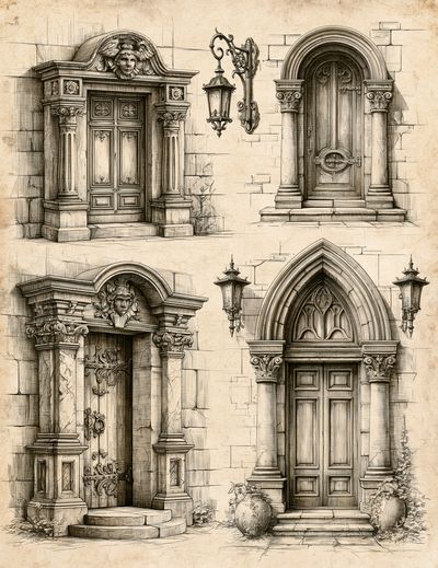 Ornate Gothic Doorways Illustration Poster. poster