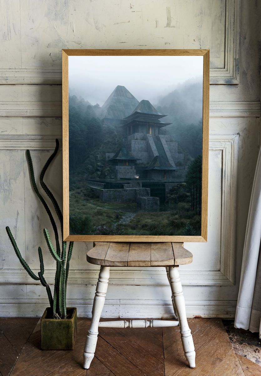 Misty Mountain Temple Photography Poster. — room view 1