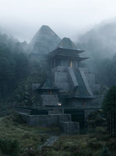 Misty Mountain Temple Photography Poster.