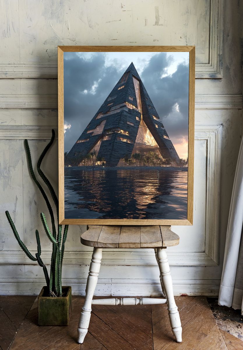 Futuristic Seaside Pyramid Architecture Print. room preview
