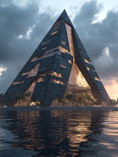 Futuristic Seaside Pyramid Architecture Print.