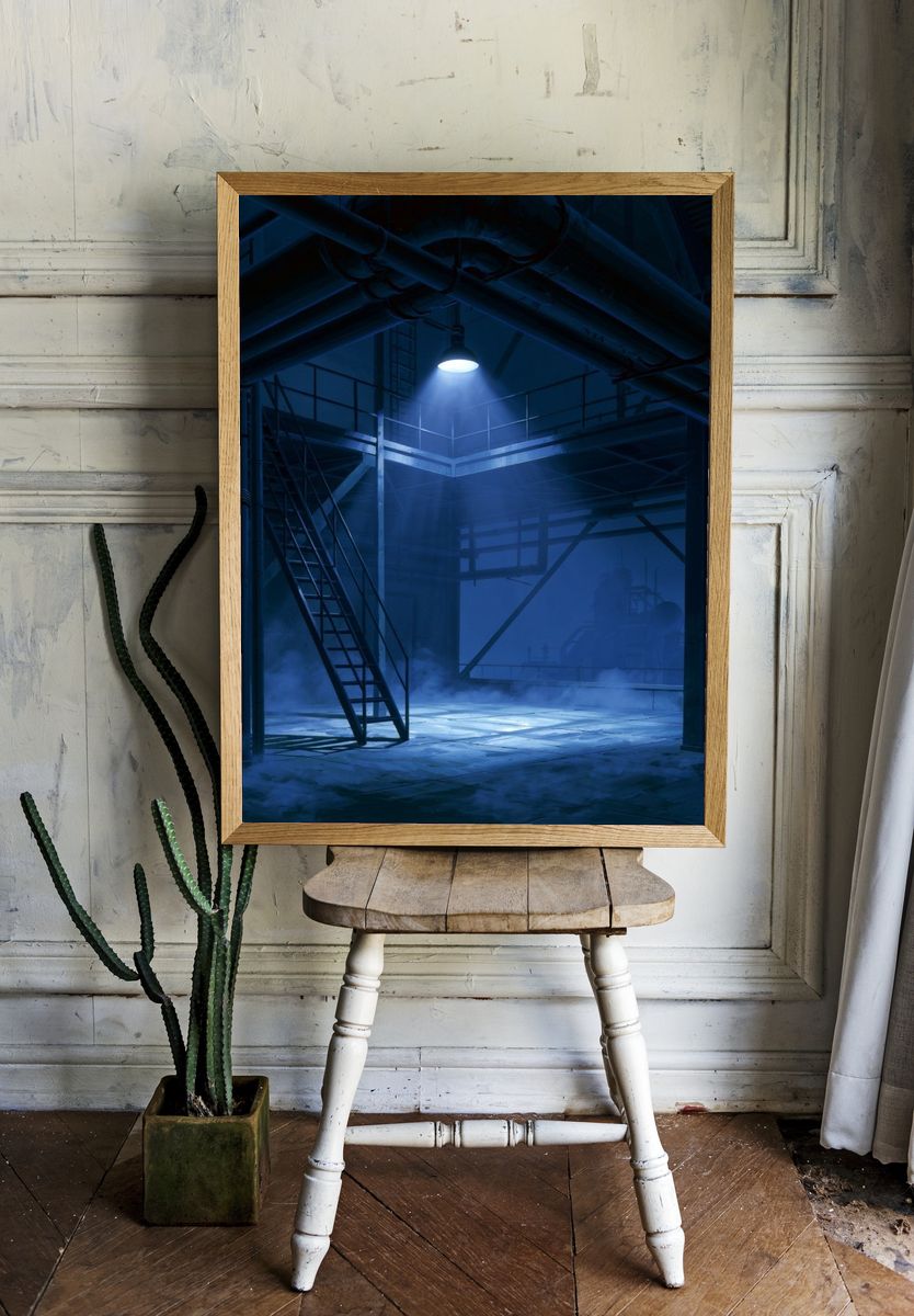 Blue Industrial Warehouse Poster. room preview