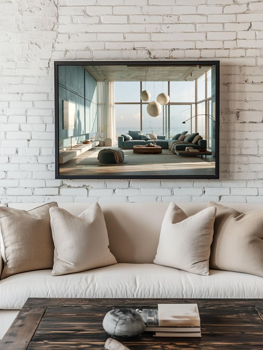 Seaside Modern Living Room Print. room preview