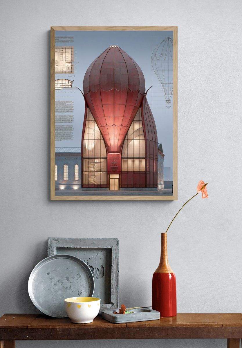 Hot Air Balloon Building Architecture Print. — room view 3