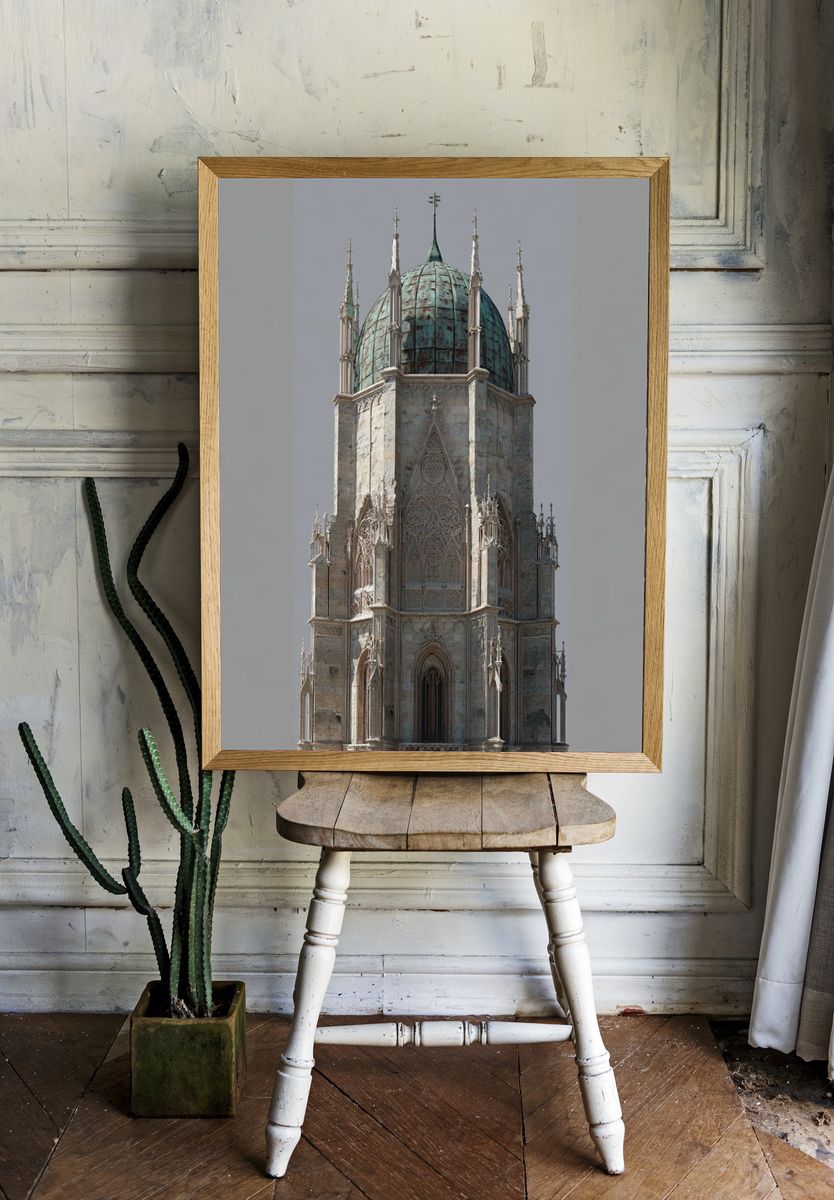 Gothic Cathedral Tower Architecture Print. — room view 1