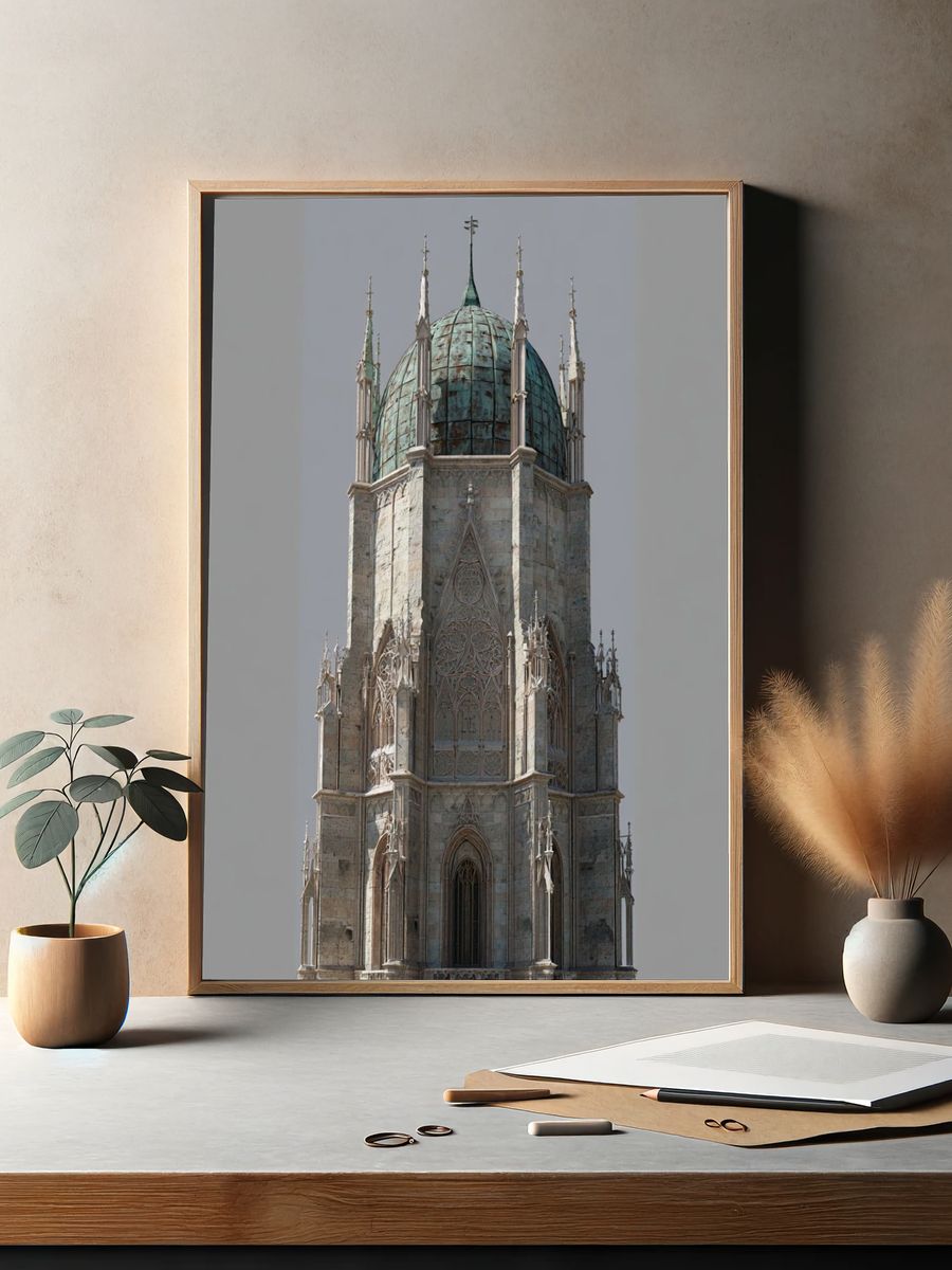 Gothic Cathedral Tower Architecture Print. — room view 2