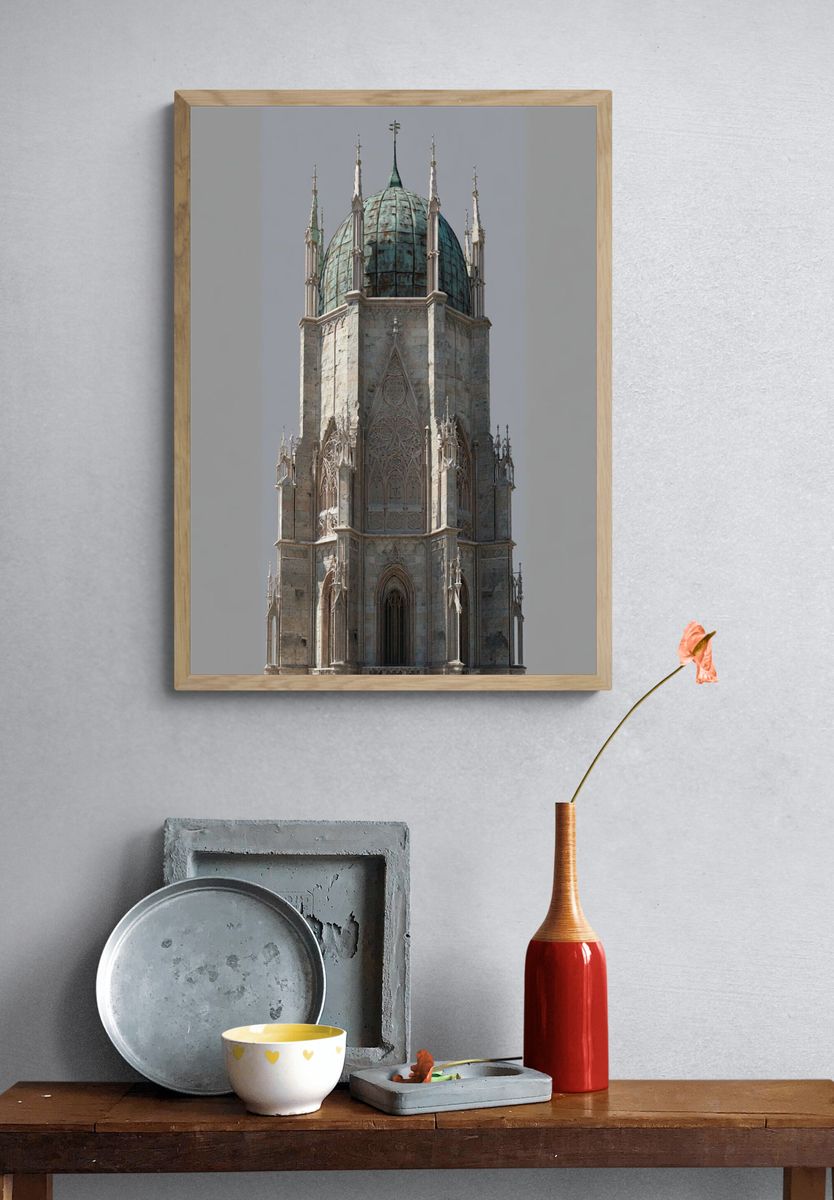 Gothic Cathedral Tower Architecture Print. — room view 3