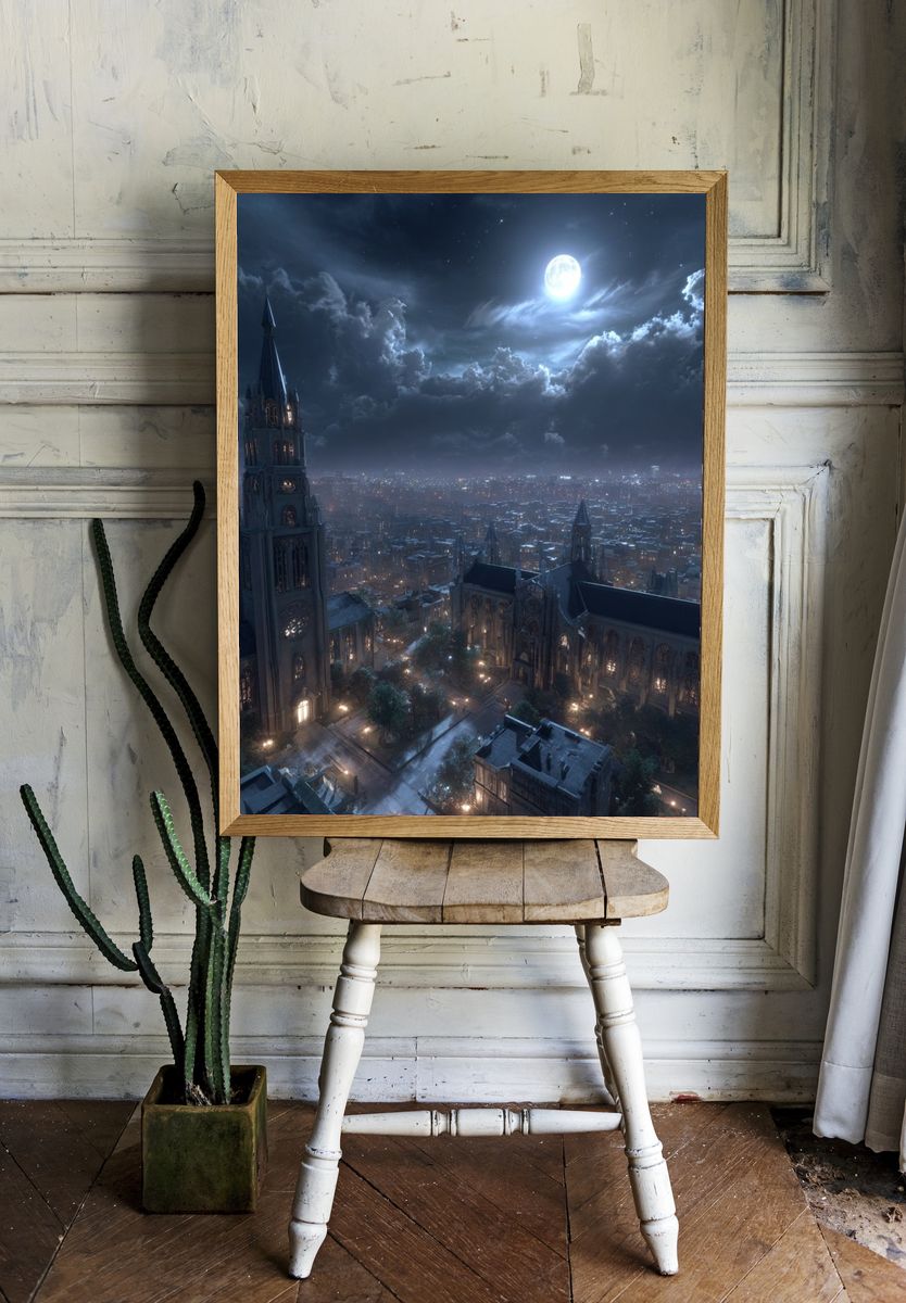 Moonlit Gothic Cityscape Poster. — room view 1