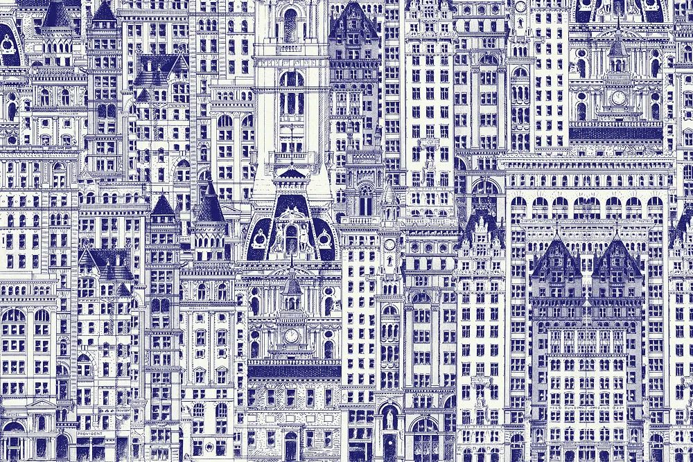 Blue city buildings pattern background. poster — architecture art