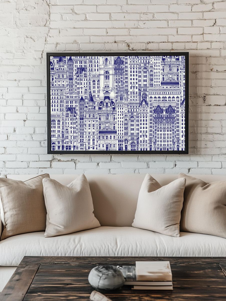 Blue city buildings pattern background. — room view 1