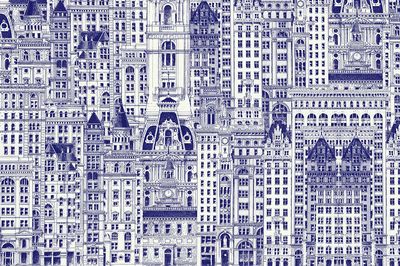Blue city buildings pattern background. poster