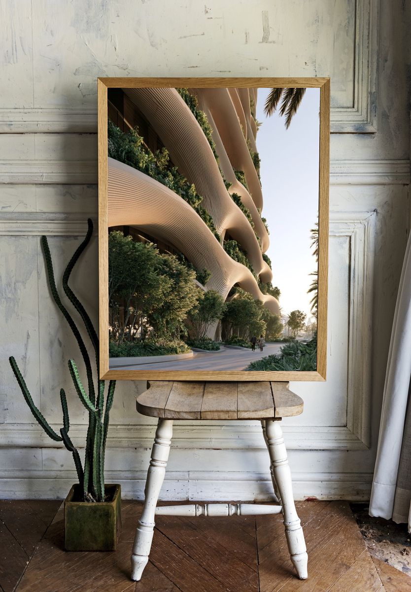 Futuristic Palm Building Architecture Print. — room view 1
