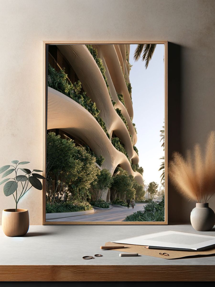 Futuristic Palm Building Architecture Print. — room view 2