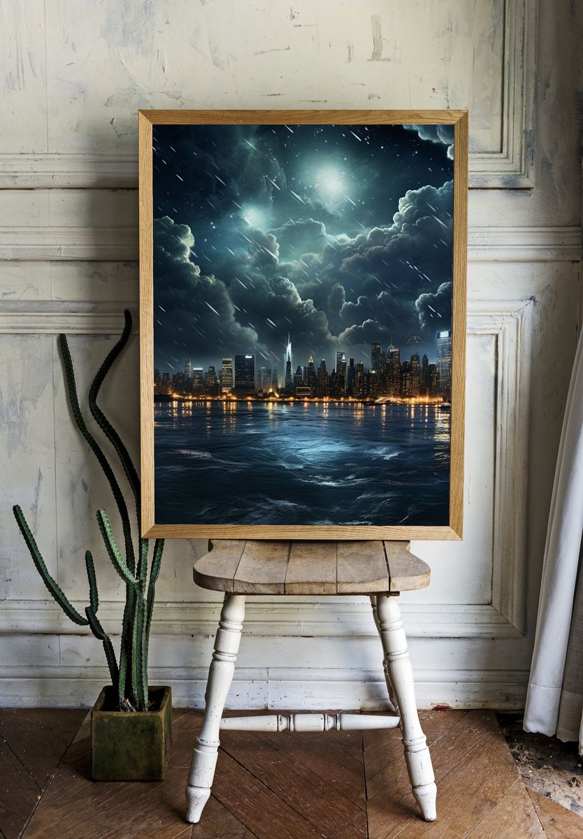 Stormy New York Skyline Print. room preview