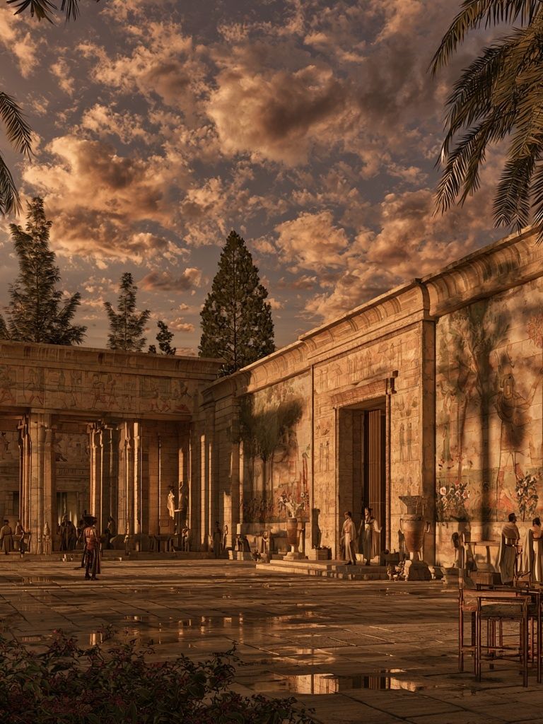 Ancient Temple Courtyard Sunset Print. poster — architecture art