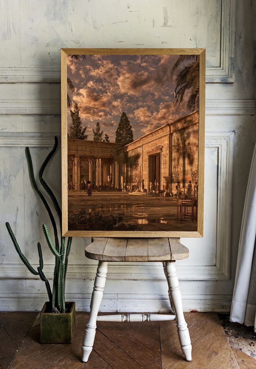 Ancient Temple Courtyard Sunset Print. room preview
