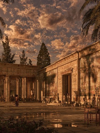 Ancient Temple Courtyard Sunset Print. poster