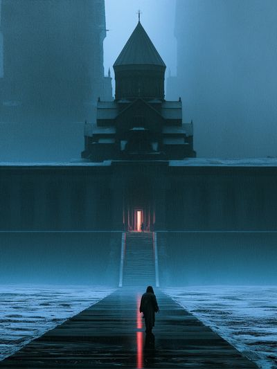 Misty Cathedral Walkway Poster.