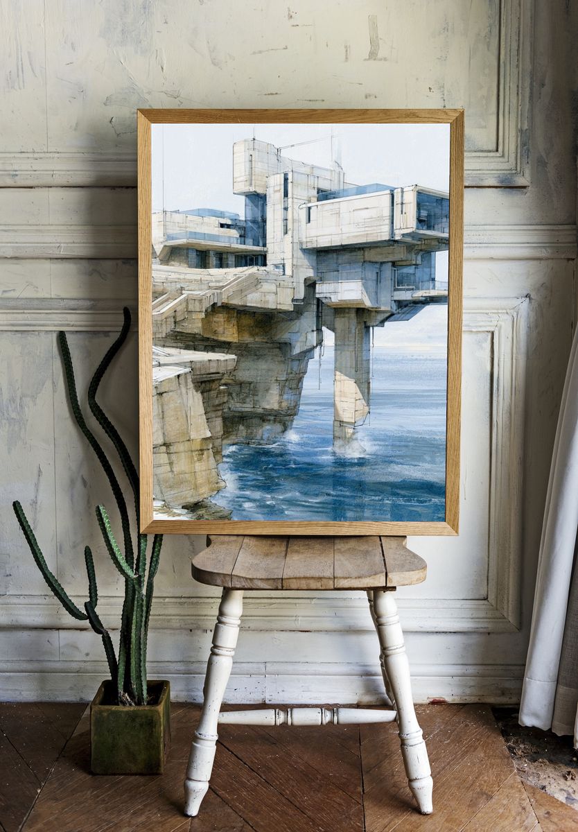 Seaside Brutalist Architecture Print. — room view 1