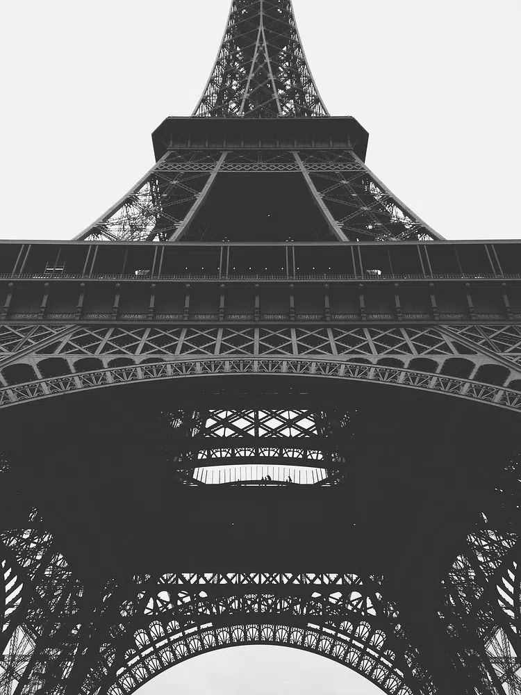 black-and-white shot bottom Eiffel Tower. poster — architecture art