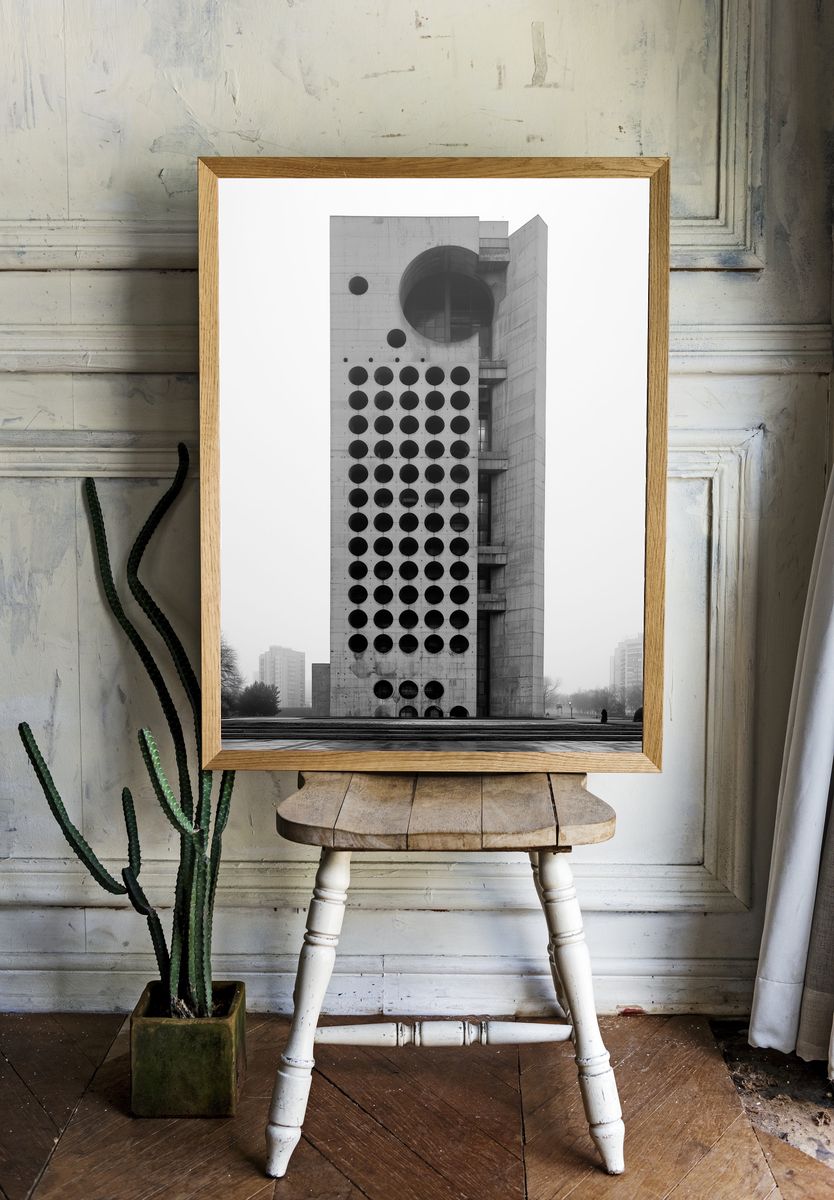 Brutalist Tower Black-White Poster. — room view 1