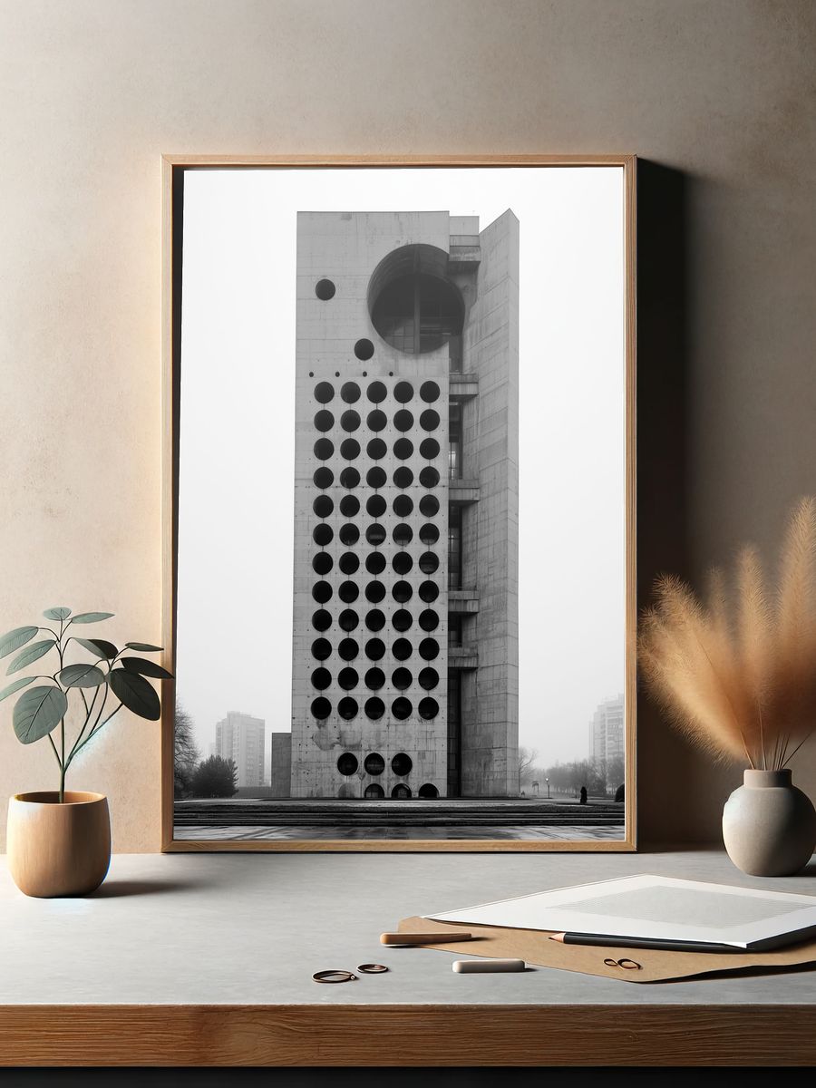 Brutalist Tower Black-White Poster. — room view 2