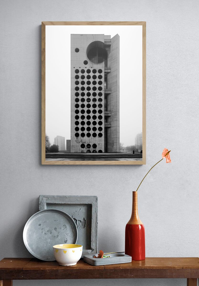 Brutalist Tower Black-White Poster. — room view 3