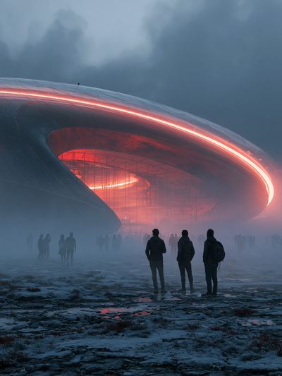 Futuristic Stadium in Fog Poster. poster