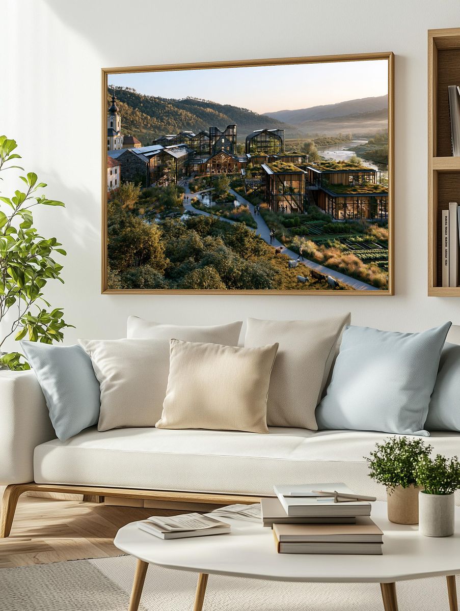 Riverside Eco Village Architecture Print. — room view 2