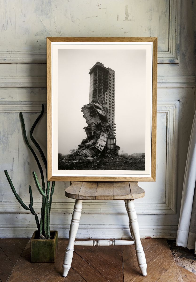 Collapsed Tower Black-White Poster. — room view 1