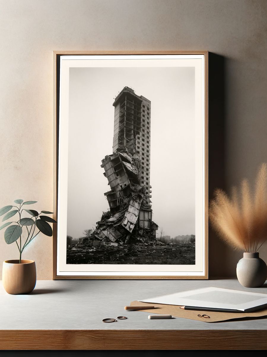 Collapsed Tower Black-White Poster. — room view 2