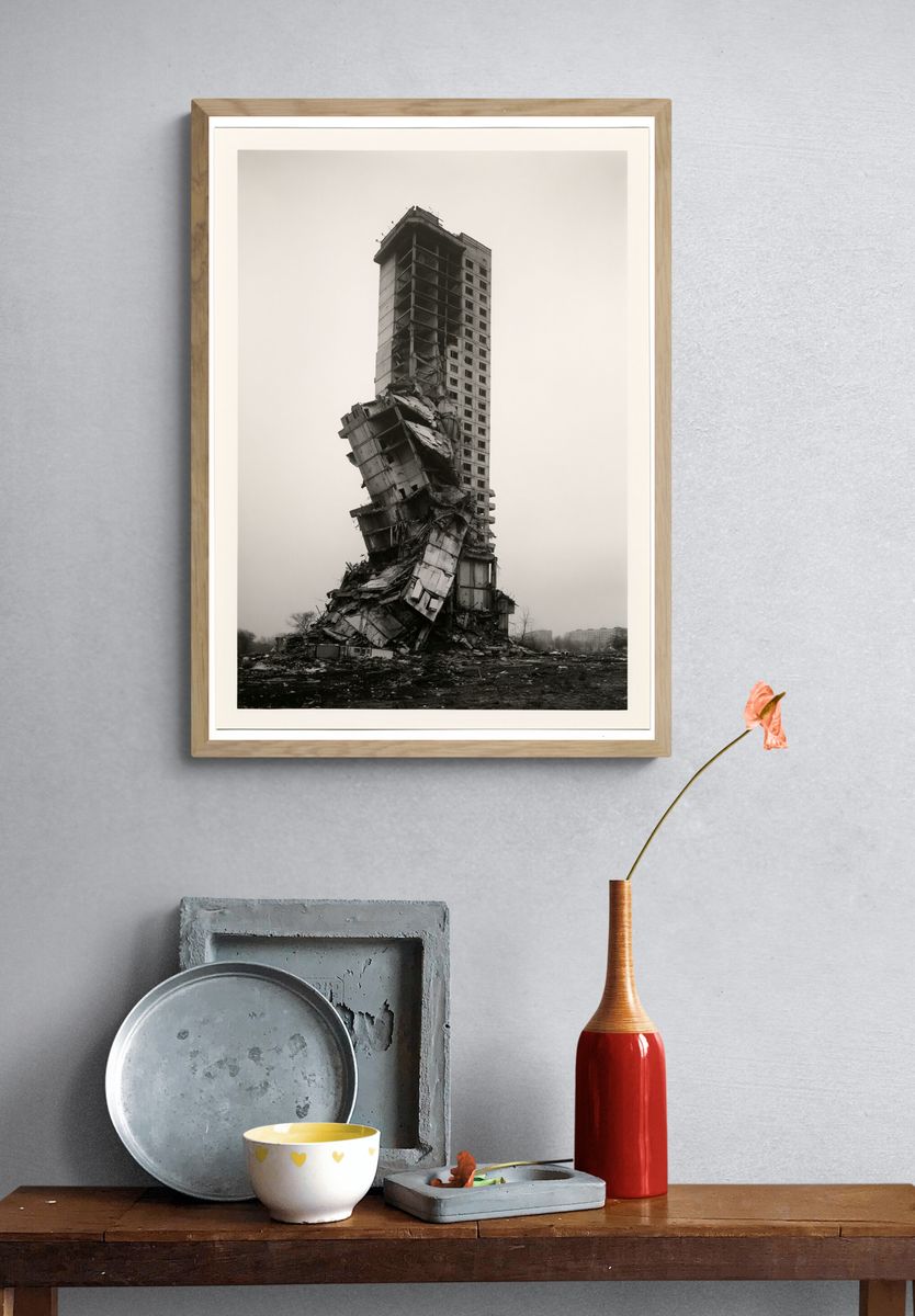 Collapsed Tower Black-White Poster. — room view 3