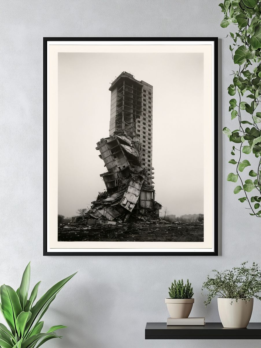 Collapsed Tower Black-White Poster. — room view 4