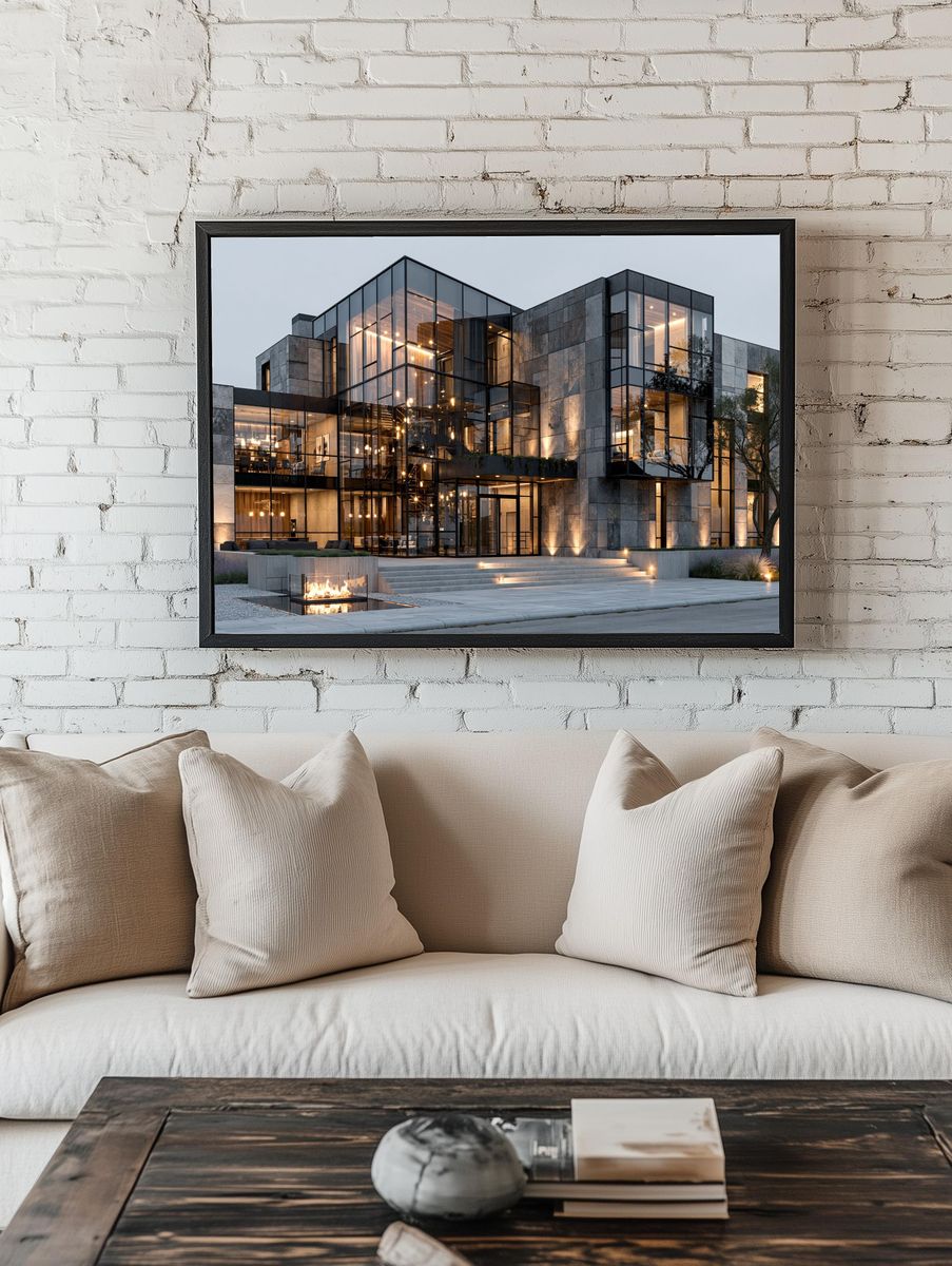 Modern Glass Mansion Architecture Print. — room view 1