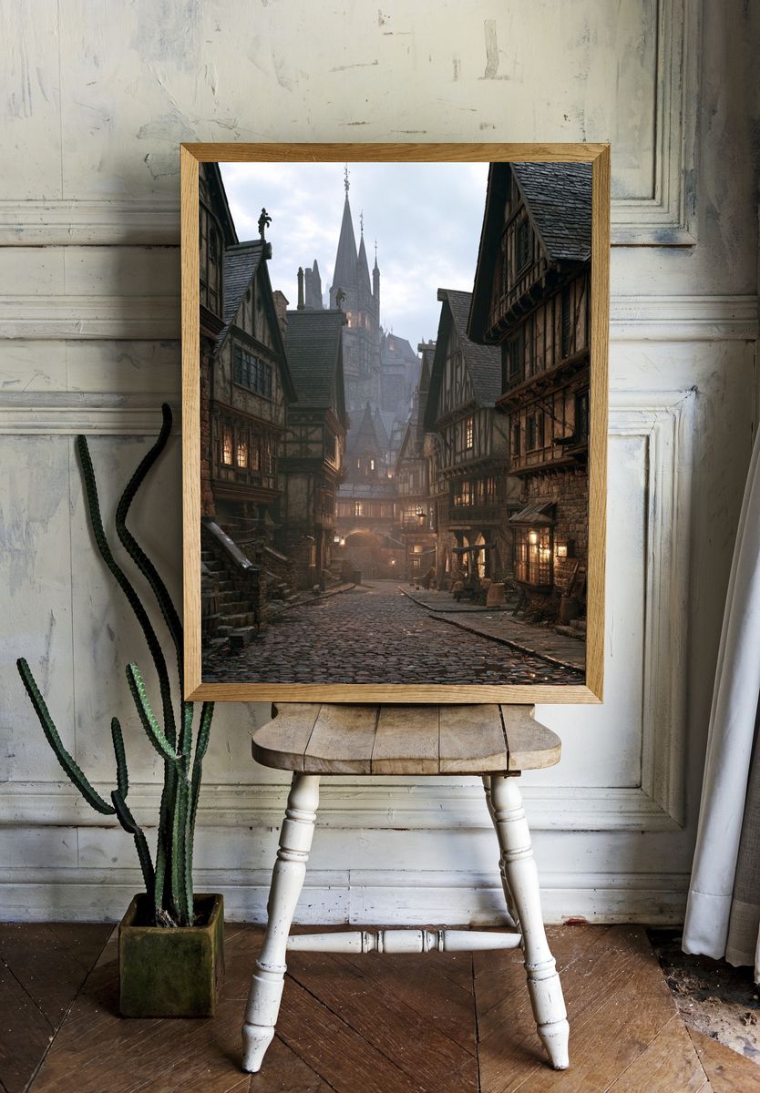 Medieval Cobblestone Street Print. — room view 1
