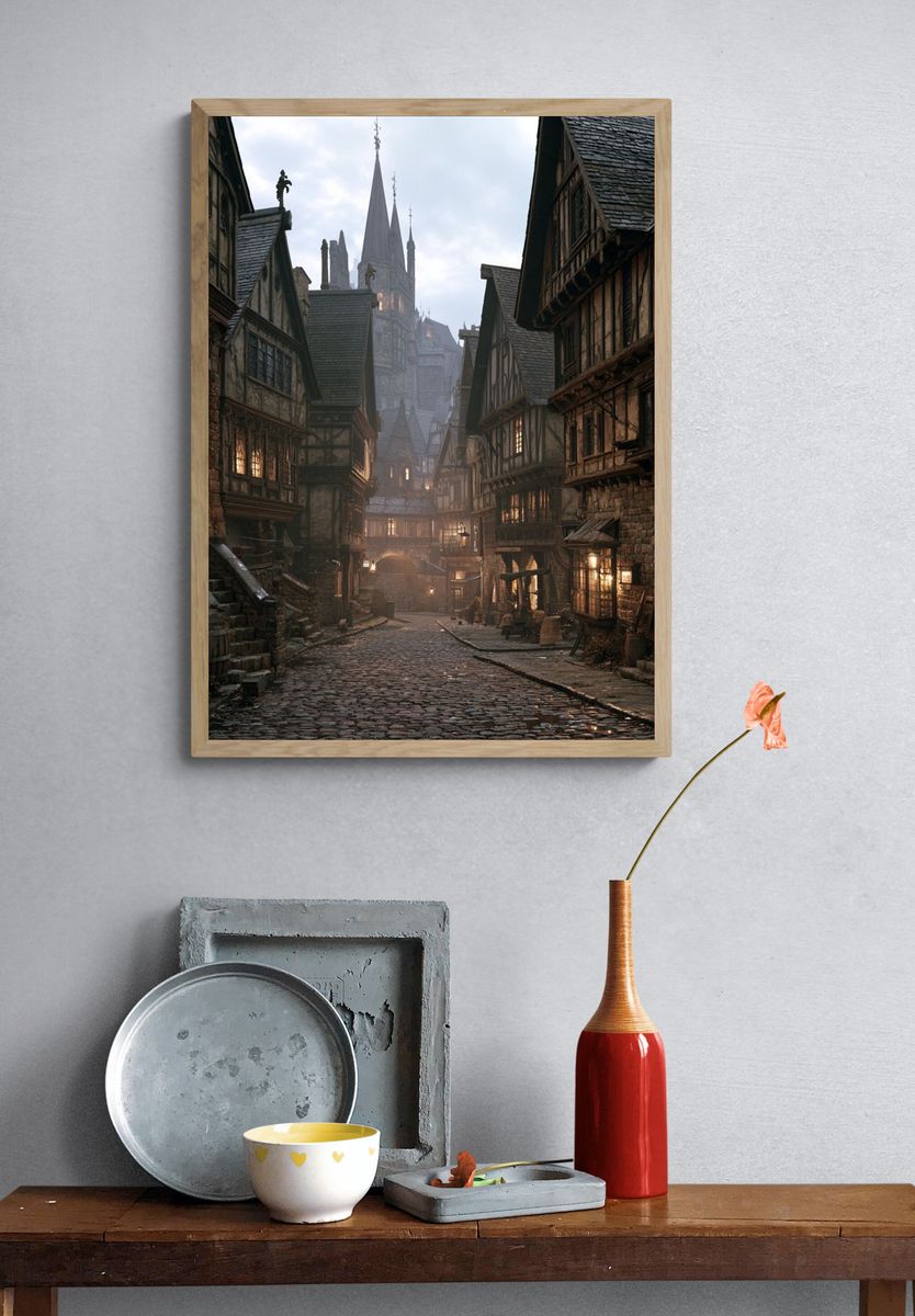 Medieval Cobblestone Street Print. — room view 3
