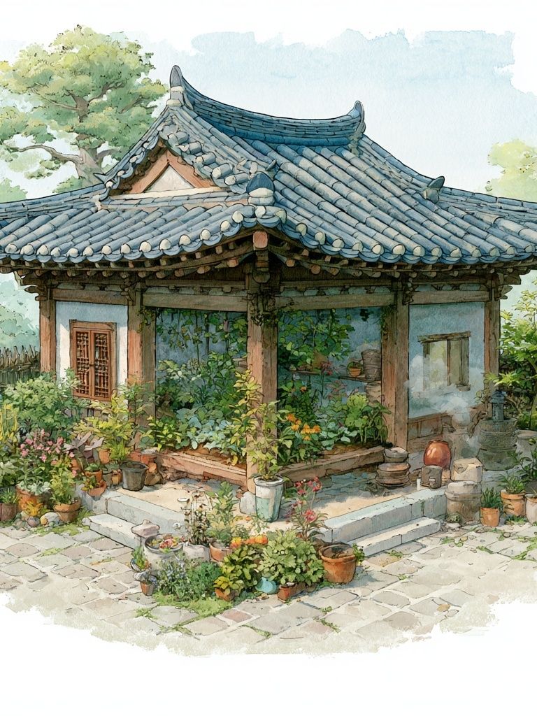 Korean Garden Pavilion Watercolor Print. poster detail