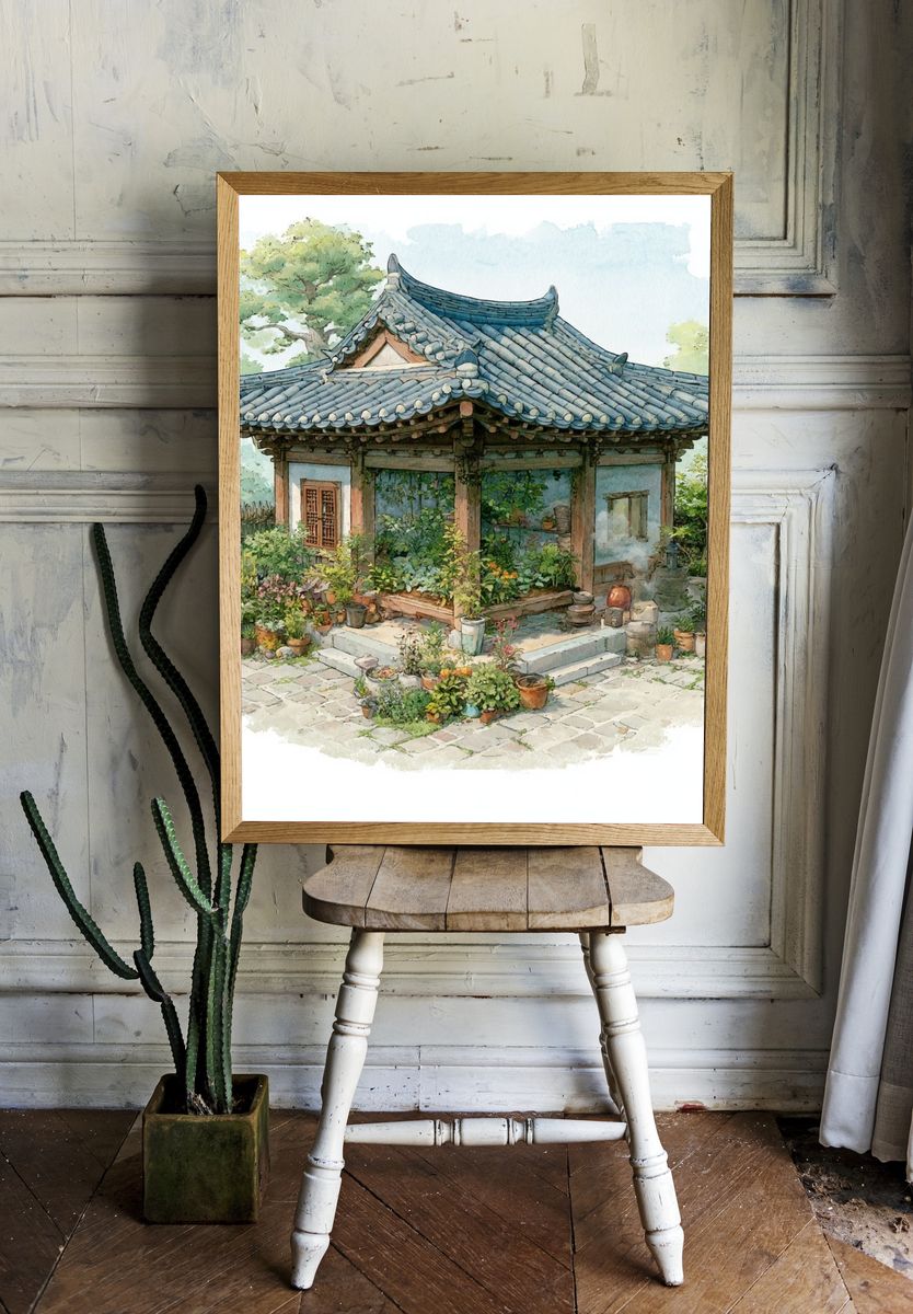 Korean Garden Pavilion Watercolor Print. — room view 1