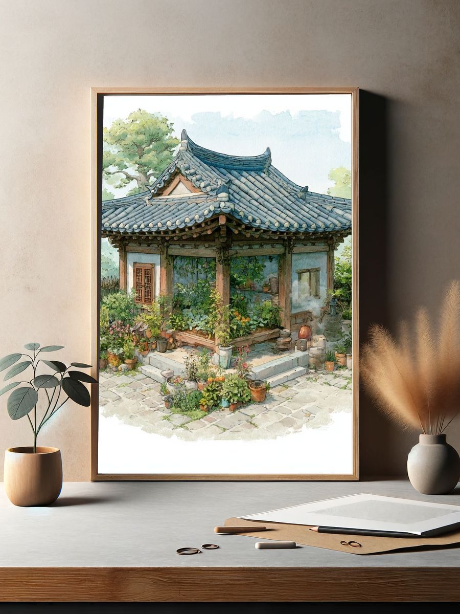 Korean Garden Pavilion Watercolor Print. — room view 2