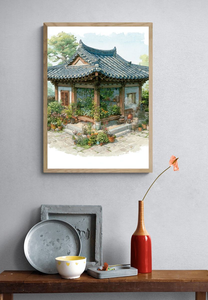 Korean Garden Pavilion Watercolor Print. — room view 3